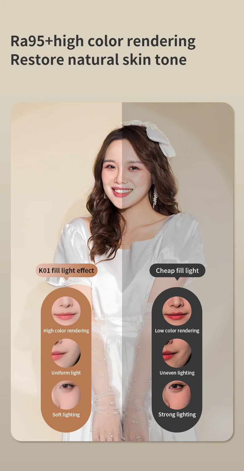 Phone Selfie Light 2700K-6500K Portbal Pocket Make UP Fill Light with Rechargable Battery Clip Rig Photo Lamp for Beauty Ring