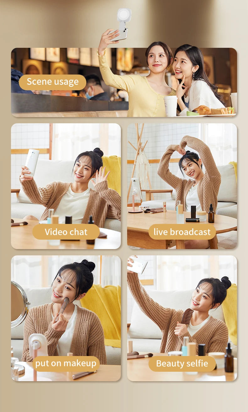 Phone Selfie Light 2700K-6500K Portbal Pocket Make UP Fill Light with Rechargable Battery Clip Rig Photo Lamp for Beauty Ring