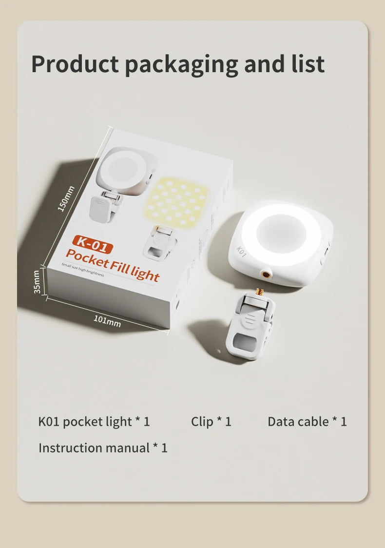 Phone Selfie Light 2700K-6500K Portbal Pocket Make UP Fill Light with Rechargable Battery Clip Rig Photo Lamp for Beauty Ring